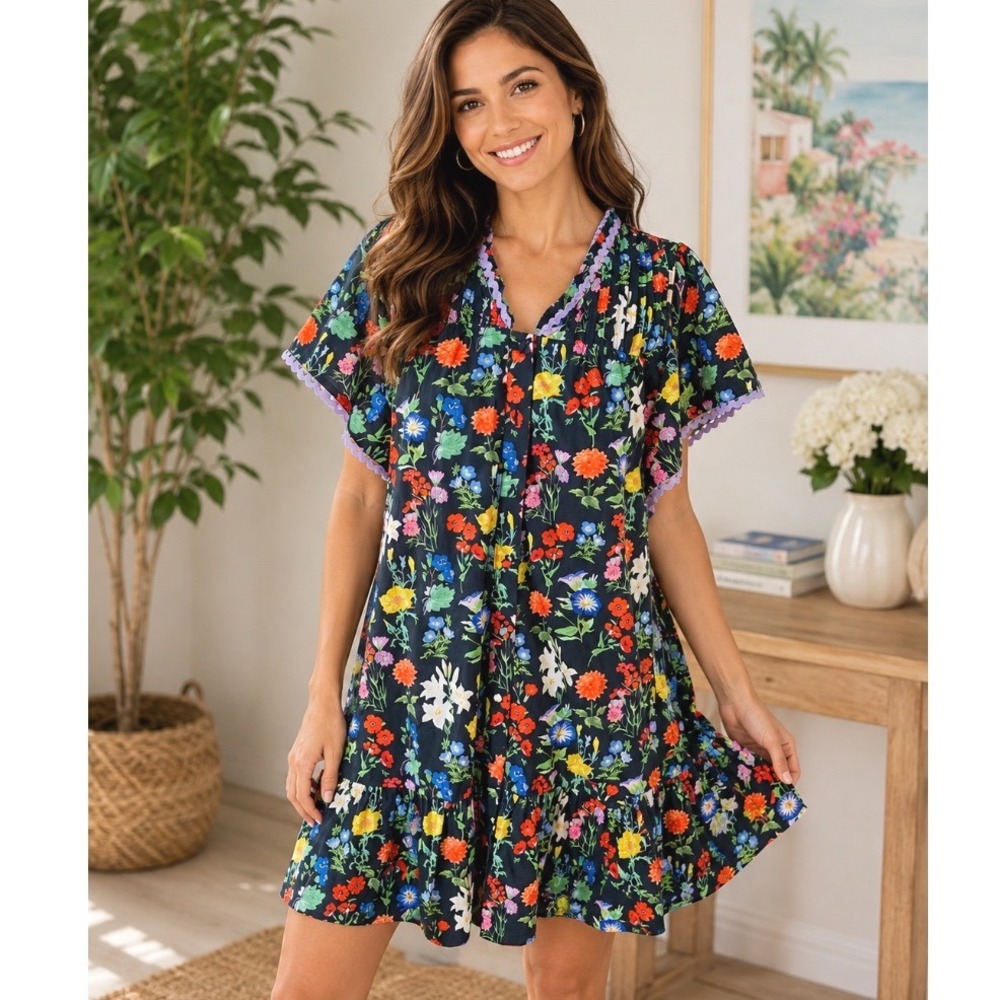 Grigio Floral cottagecore Mini Dress Black Multi Color Flutter Sleeve Tiered S